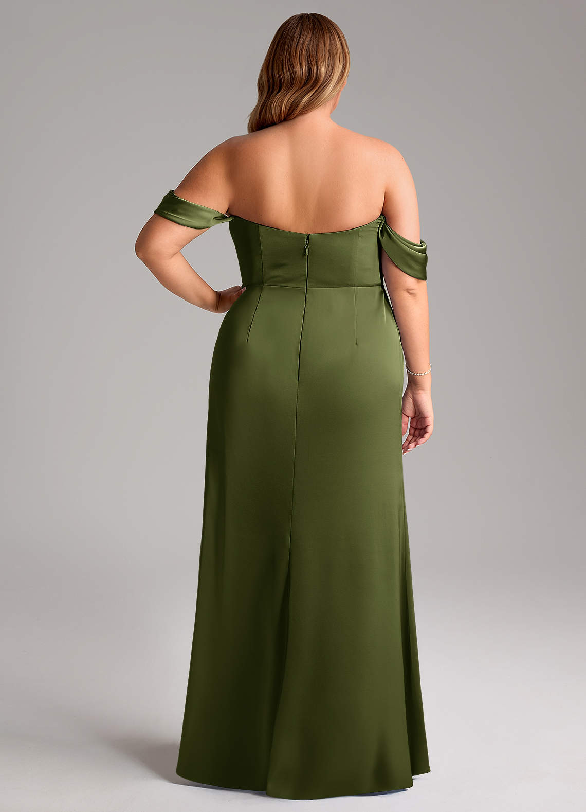Azazie Saige Bridesmaid Dresses Olive Sheath Off the Shoulder Stretch Satin Dress image11