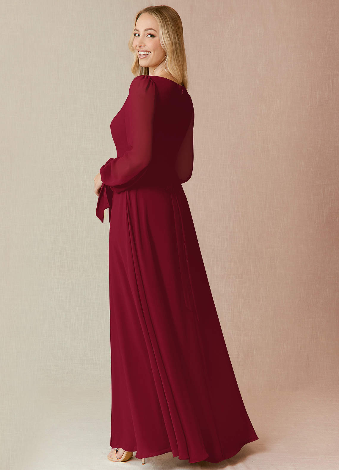 Azazie Leonia Bridesmaid Dresses Burgundy A-Line Long Sleeve Chiffon Dress image1