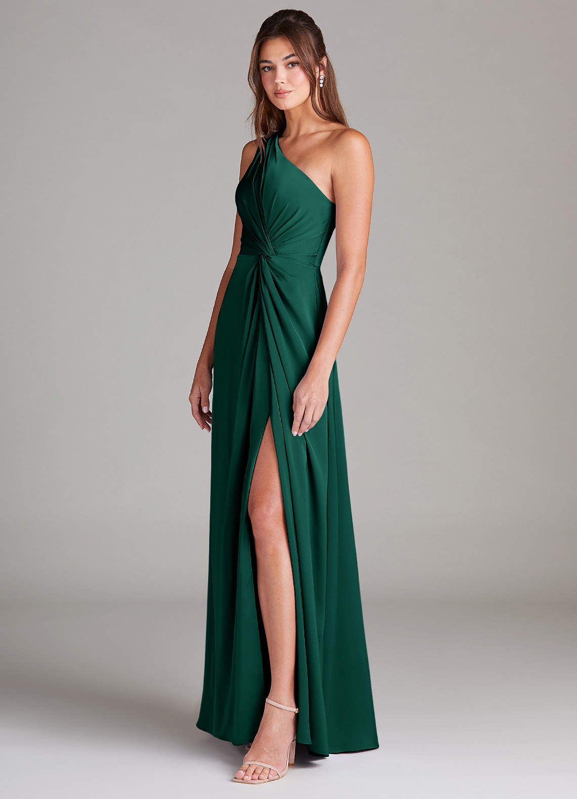 Azazie Brooke Bridesmaid Dresses Emerald A-Line One Shoulder Stretch Satin Dress image4