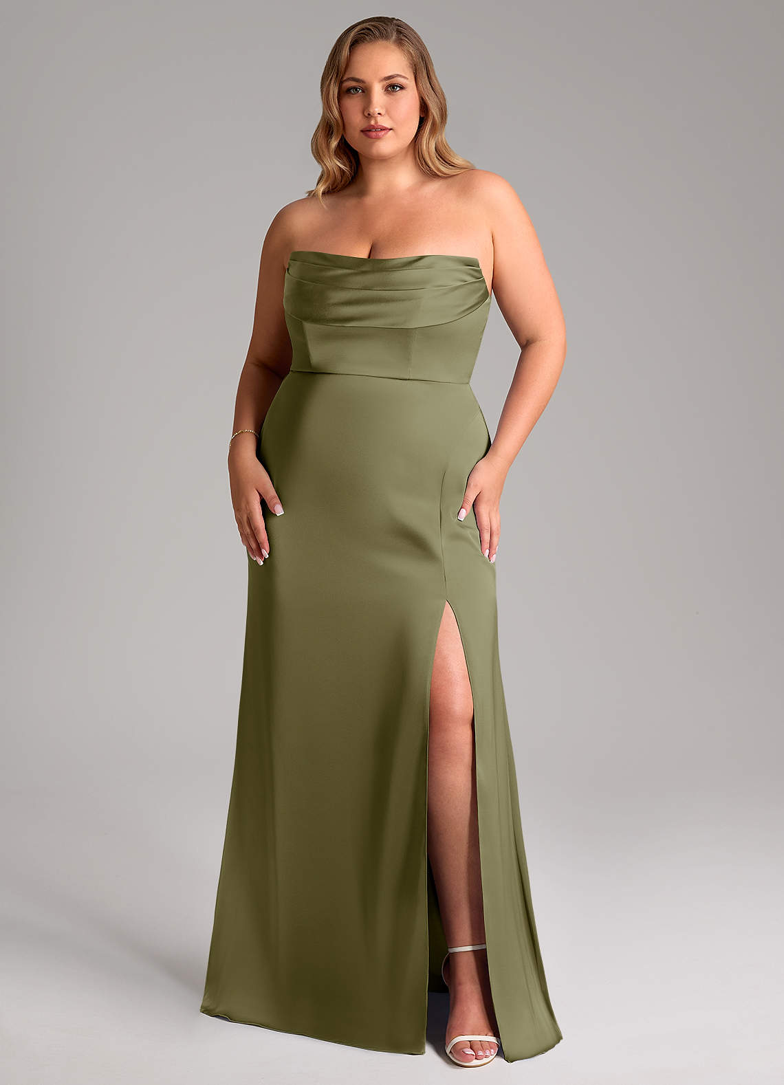 Azazie Saige Bridesmaid Dresses Pistachio Sheath Off the Shoulder Stretch Satin Dress image15