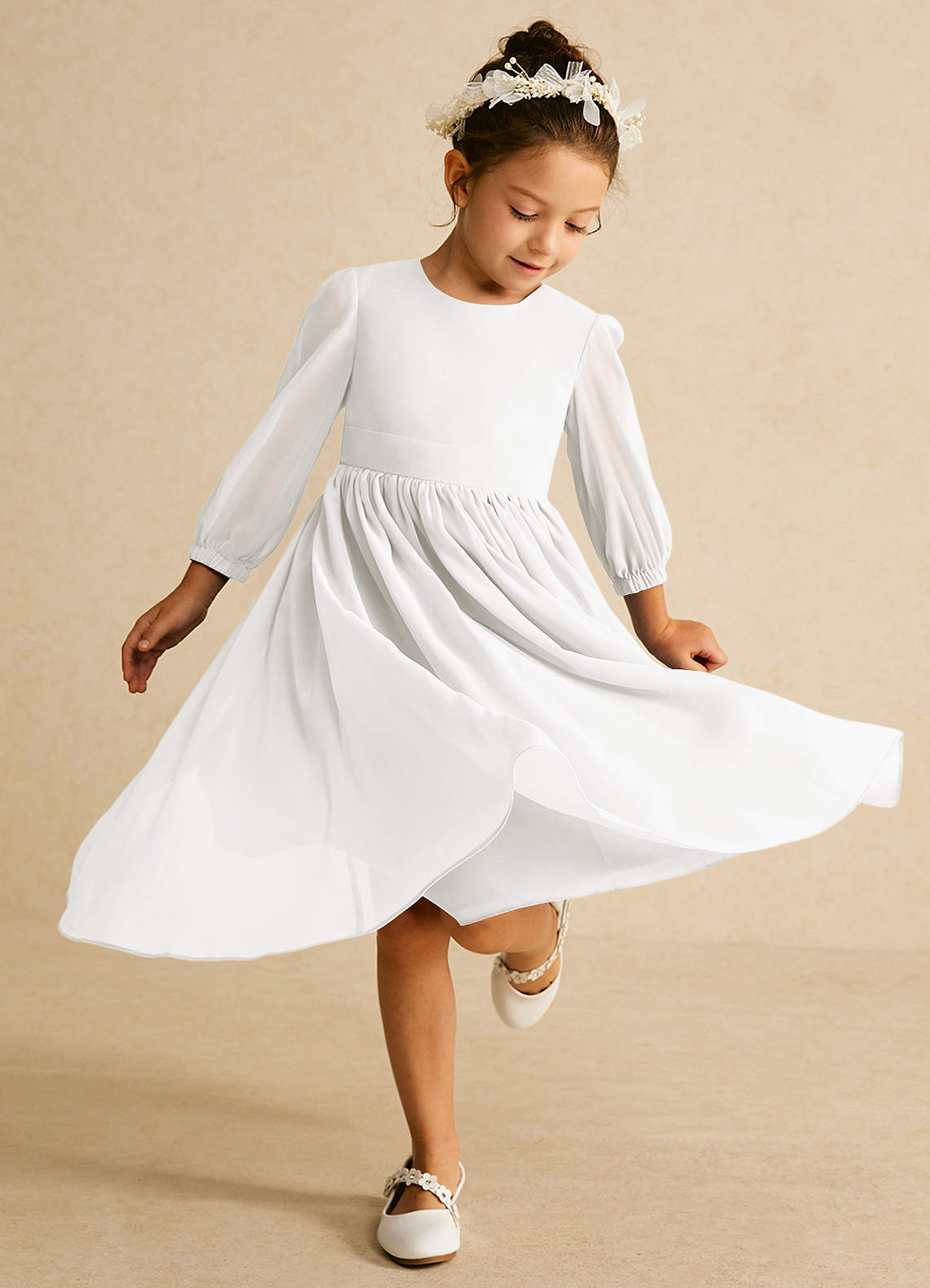Azazie Lolo Flower Girl Dresses Diamond White A-Line with Sleeves Chiffon Dress image1