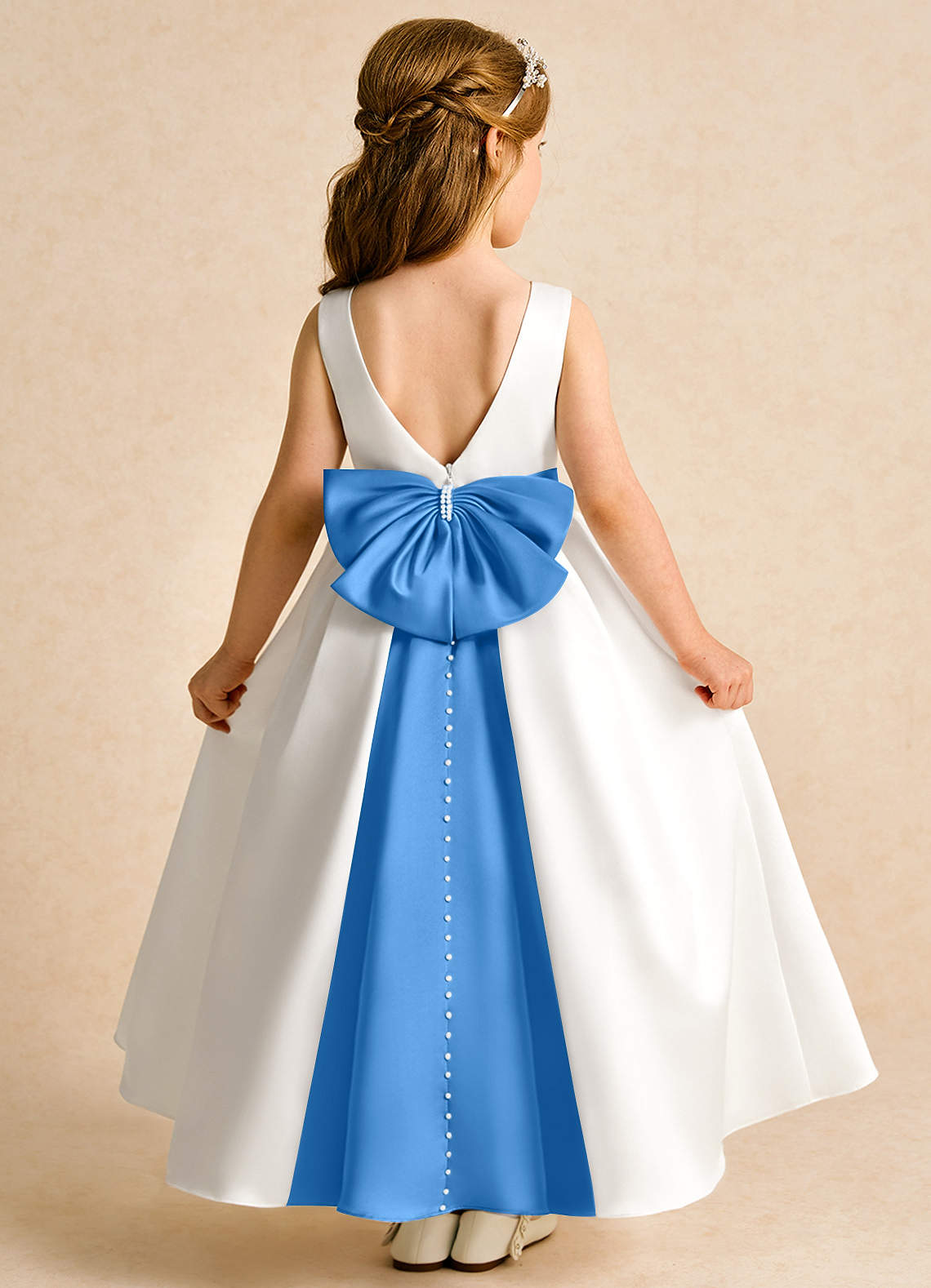 Azazie Cherry Flower Girl Dresses Ivory Blue Jay Ball-Gown Pleated Matte Satin Dress image1