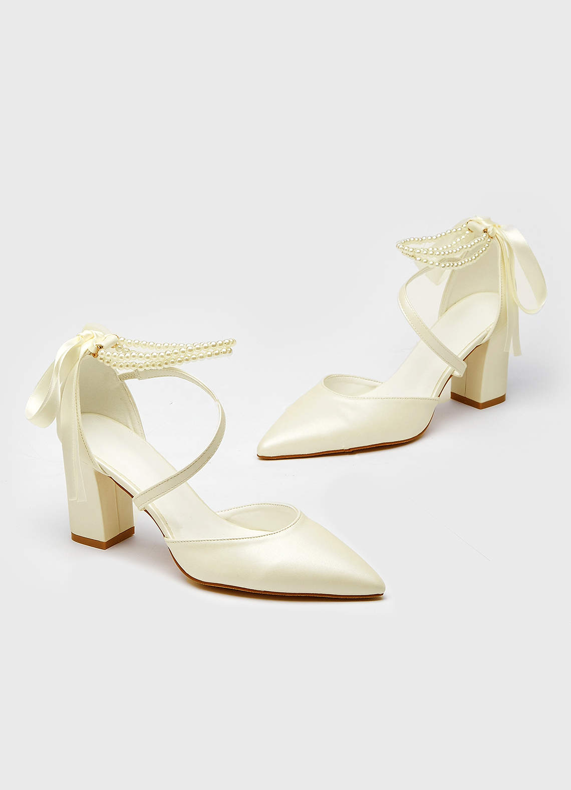 front Pearl Ankle Strap and Bow Pointed Toe Block Heels