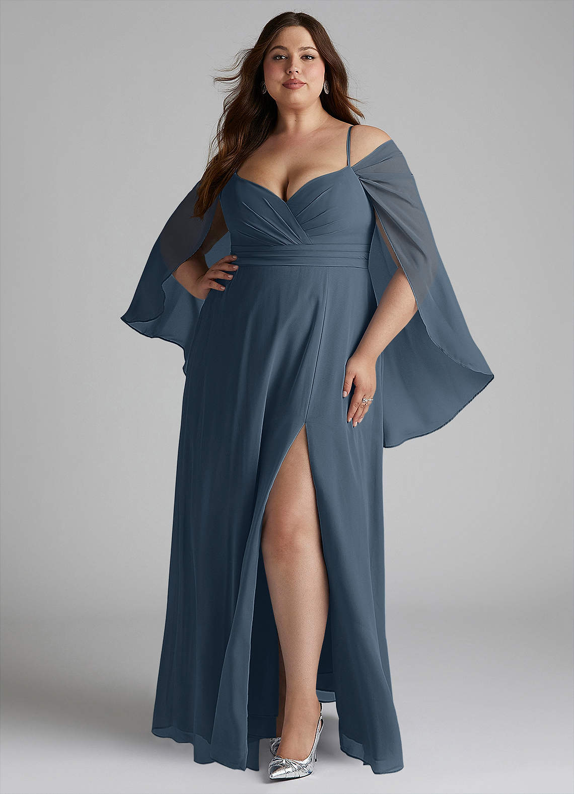 Azazie Cienna Brautjungfernkleider A-Linie Langarm Chiffon Kleid Neptunblau image1