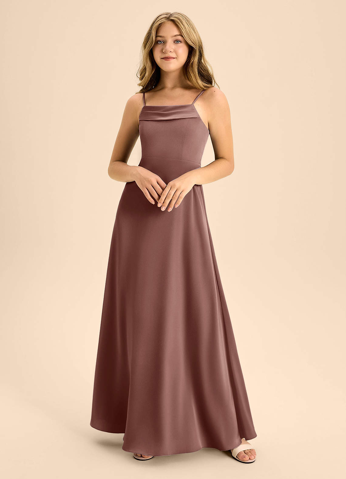 Azazie Anselie Junior Espresso A-Line Off the Shoulder Stretch Satin Dress image2