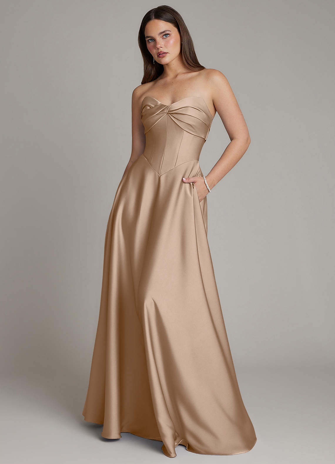 Azazie Meleena Taupe Stretch Satin Bridesmaid Dresses | Azazie Azazie Meleena Taupe Stretch Satin Bridesmaid Dresses | Azazie