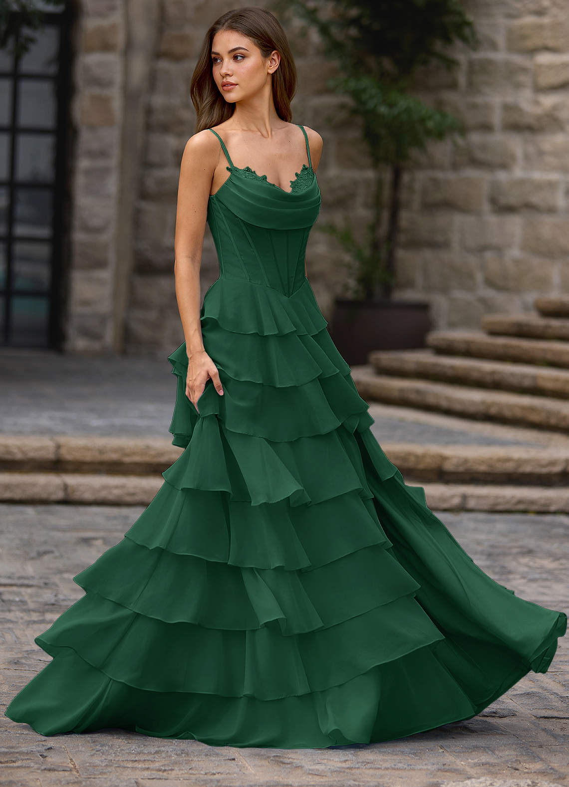 Azazie Emerald Green Corset Lace Cowl Formal Dress Azazie Emerald Green Corset Lace Cowl Formal Dress