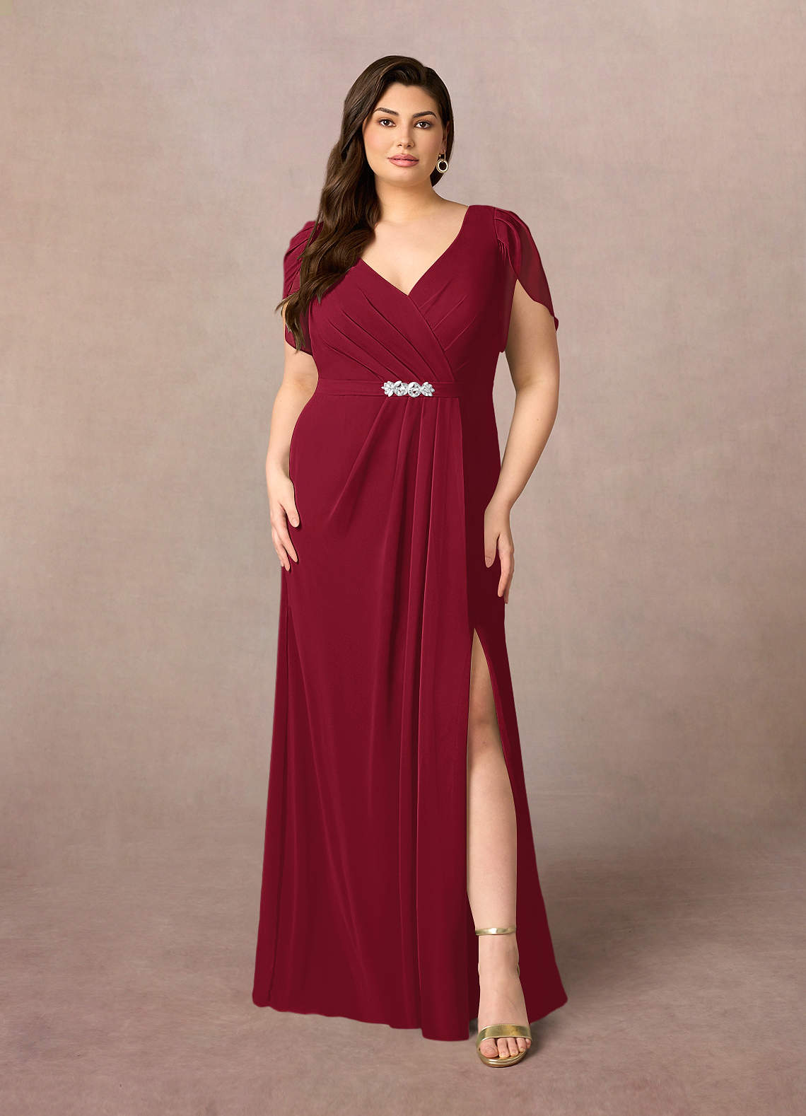 Azazie Marianne Mother of the Bride Dresses Burgundy Sheath V-Neck Pleated Chiffon Dress image6