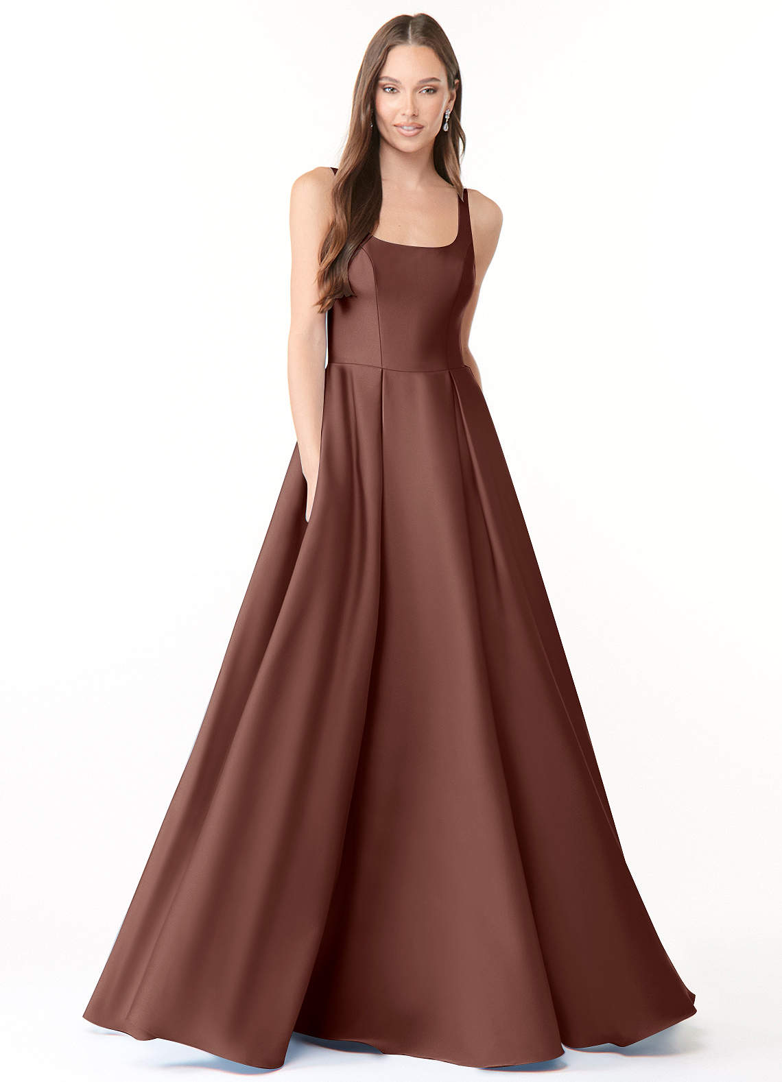 Azazie Neve Bridesmaid Dresses Espresso Ball-Gown with Pockets Stretch Satin Dress image1