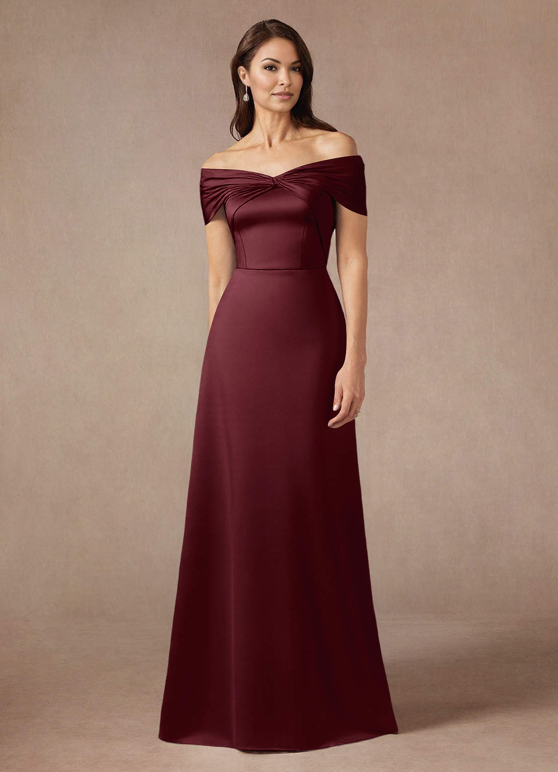 Azazie Amelia Mother of the Bride Dresses Cabernet A-Line Off the Shoulder Stretch Satin Dress image1