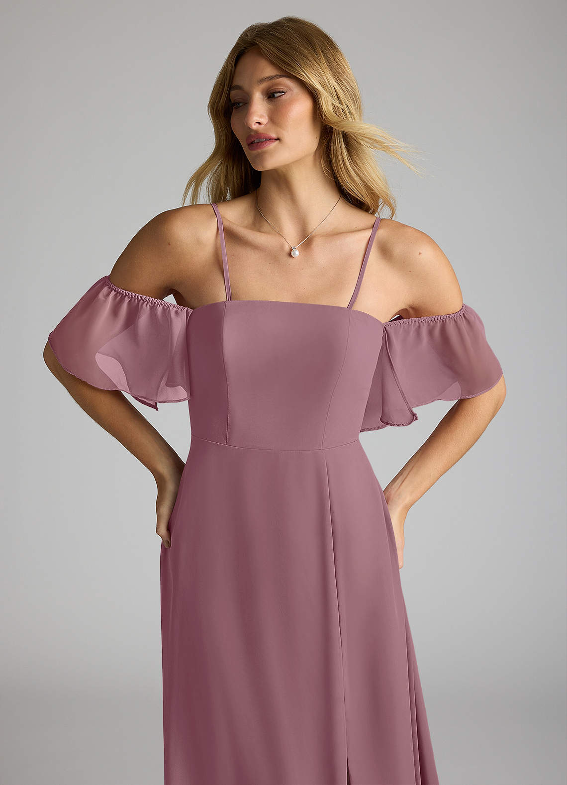 off the shoulder mauve bridesmaid dresses Orchid Off Shoulder Straight Across Neck Crepe Bridesmaid Prom Dress