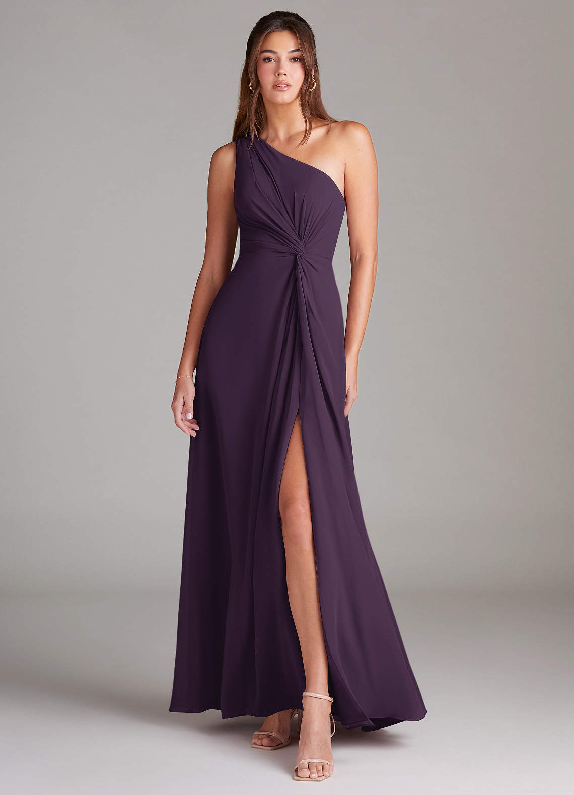Azazie Brooke Bridesmaid Dresses Plum A-Line One Shoulder Chiffon Dress image1