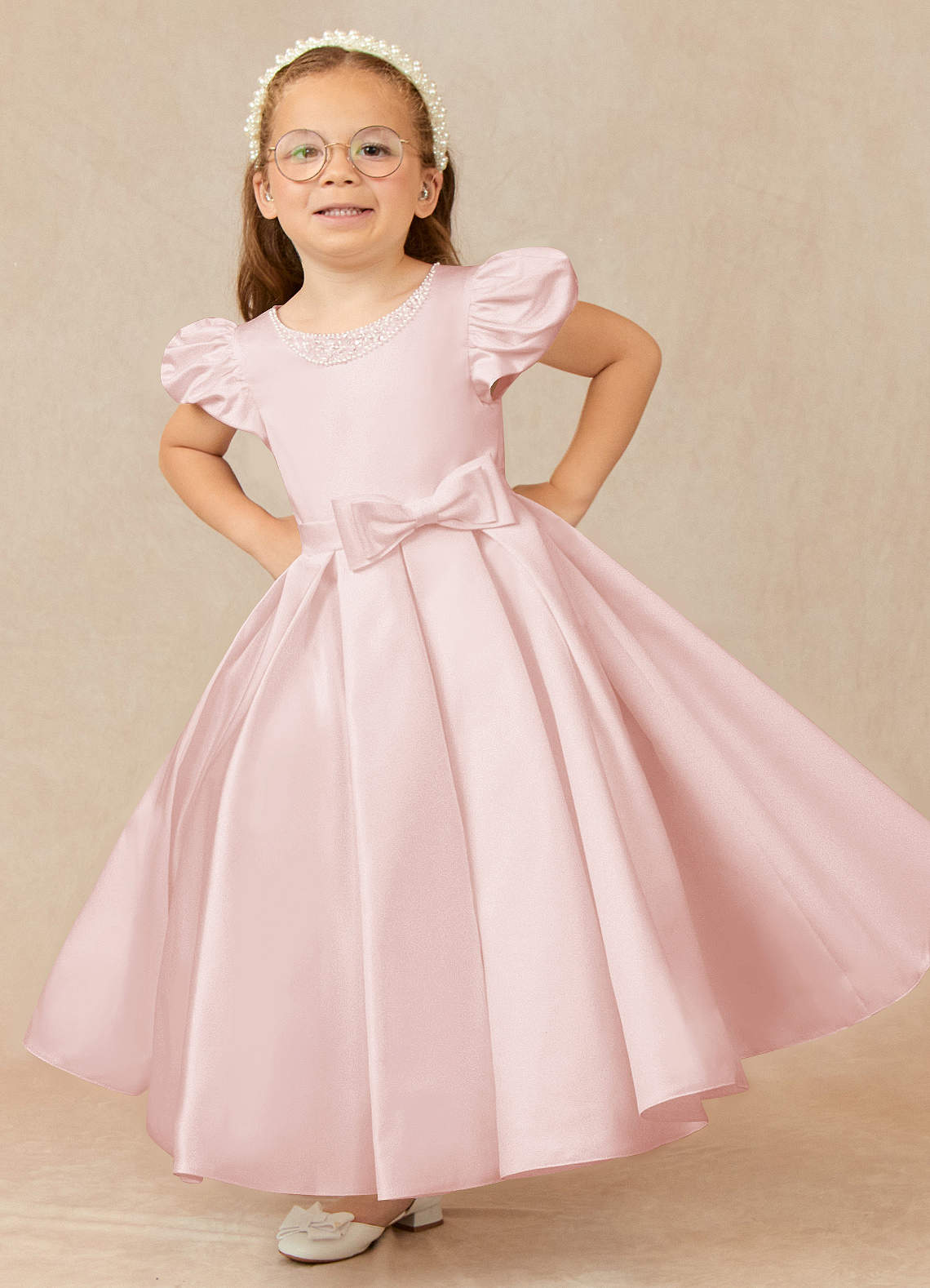 Azazie Jewel Flower Girl Dresses Blushing Pink Ball-Gown Pleated Matte Satin Dress image1