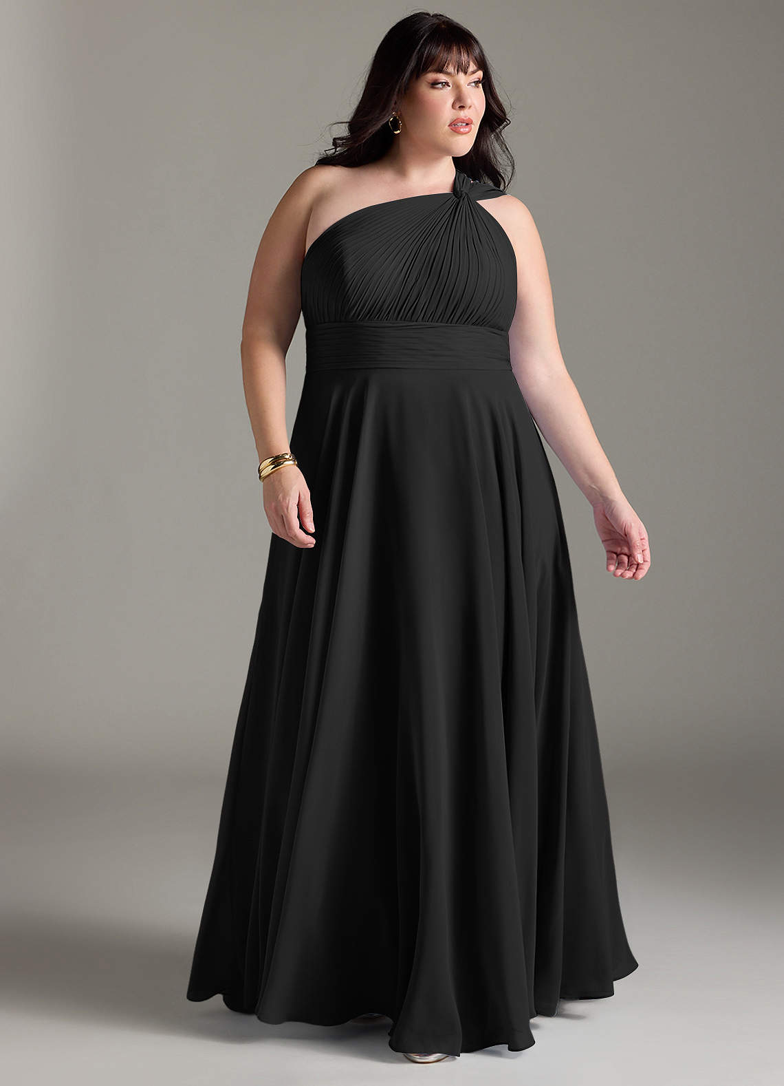 Azazie Charlize Vestidos de damas de honor Vestido de Negro de Gasa de Corte en A con Hombro unilateral image8