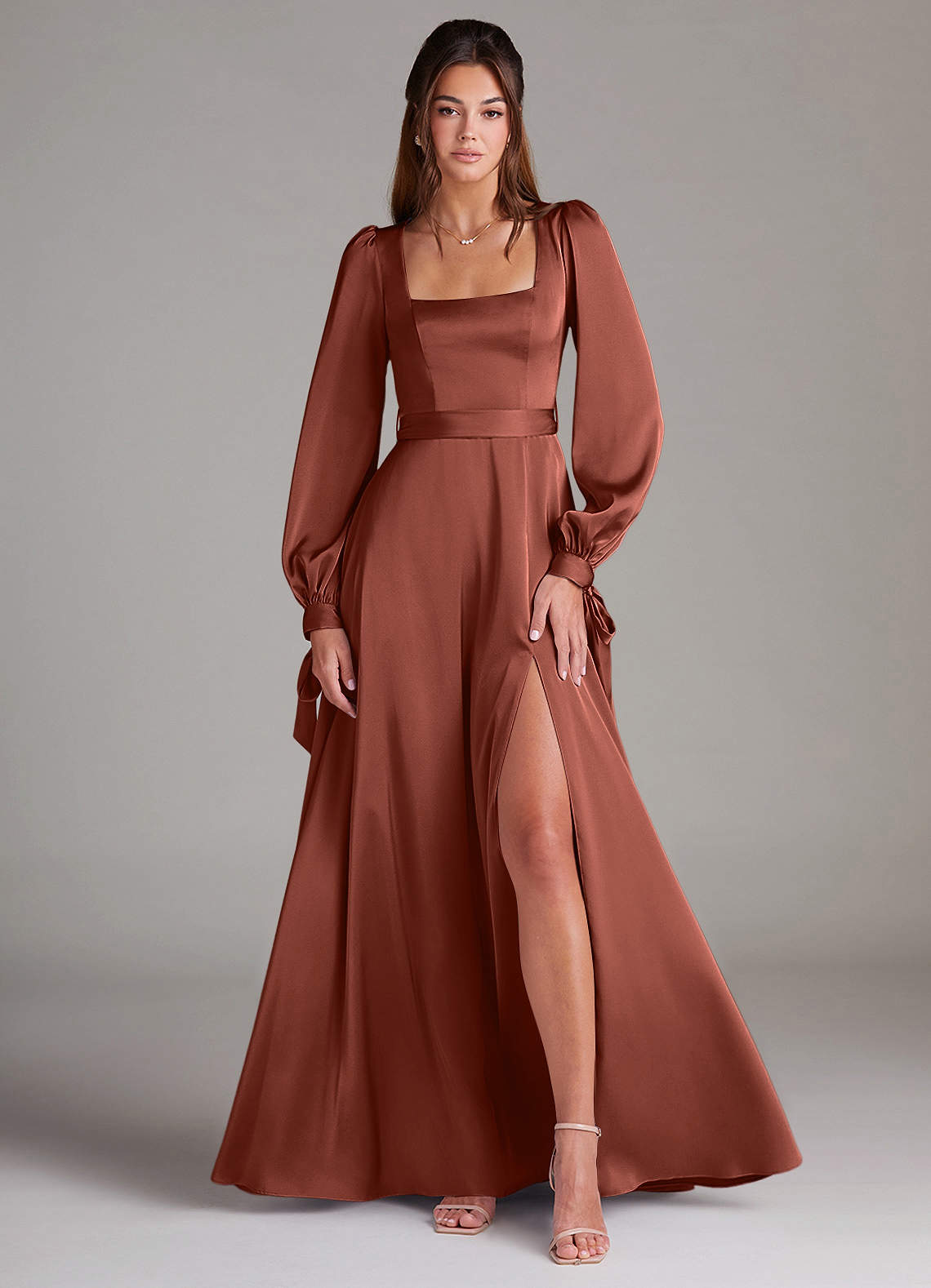 Azazie Leonia Bridesmaid Dresses Auburn A-Line Long Sleeve Stretch Satin Dress image1