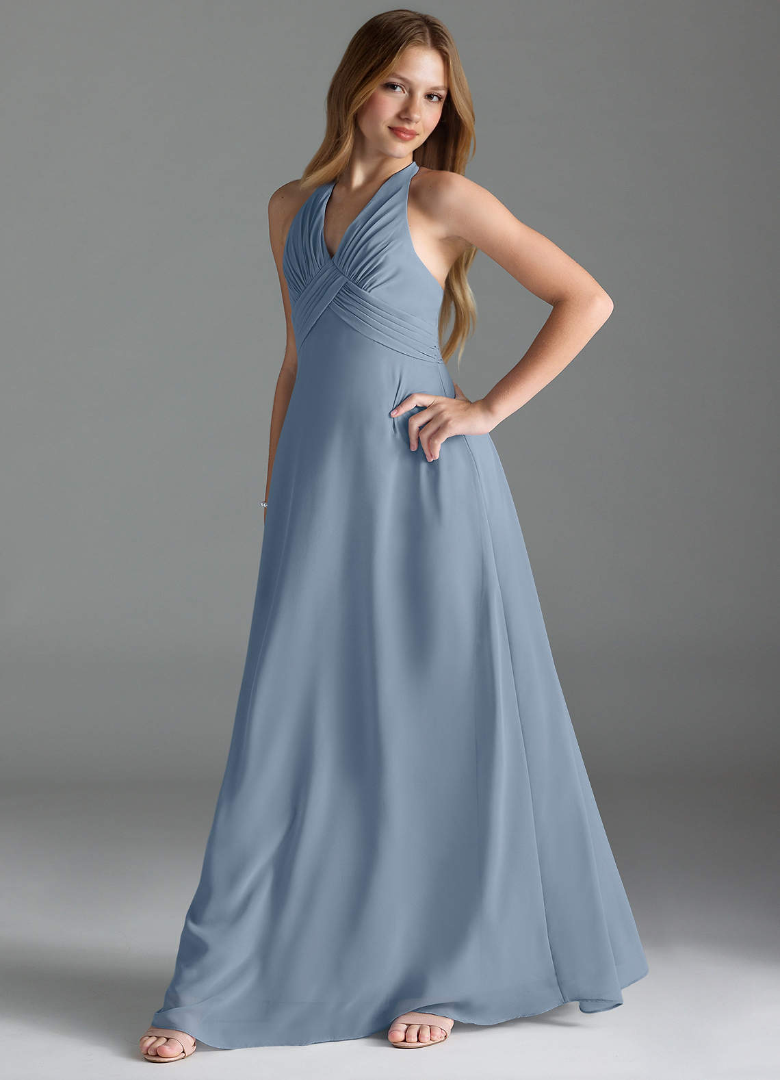 Azazie Tessie Junior Dusty Blue A-Line Pleated Chiffon Dress image2