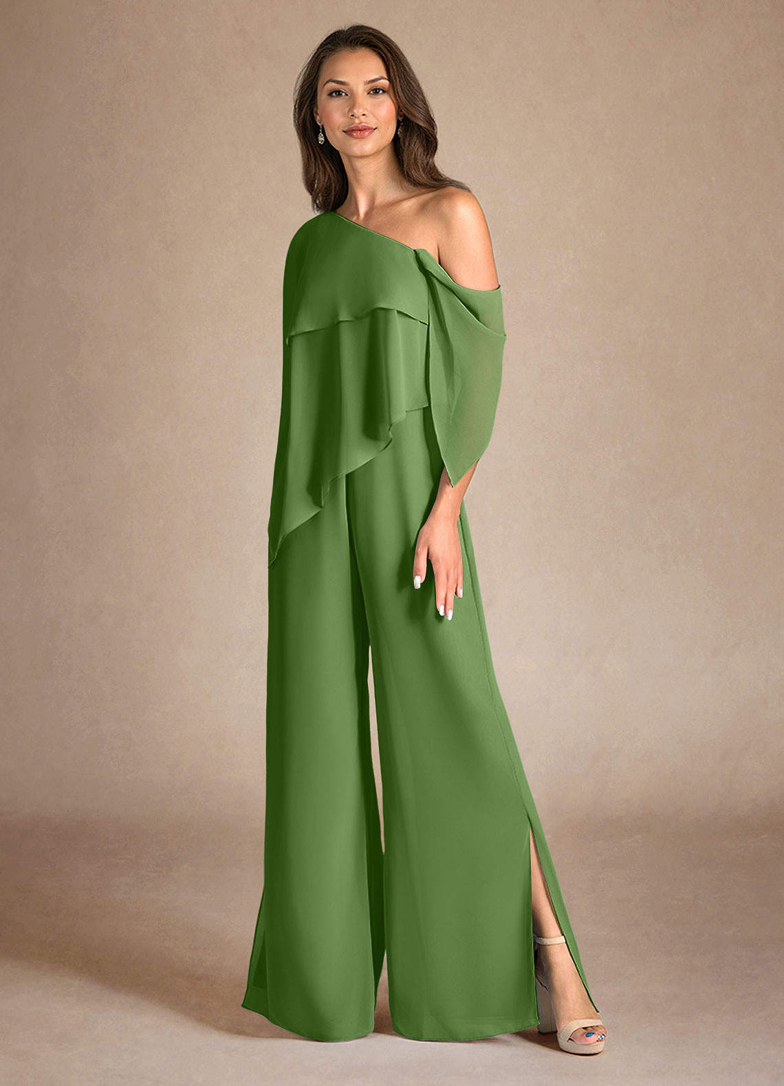 Azazie Halima Moeder van de bruid jurken Broekpak Jurk van Chiffon Zijsplit Basilicum image5
