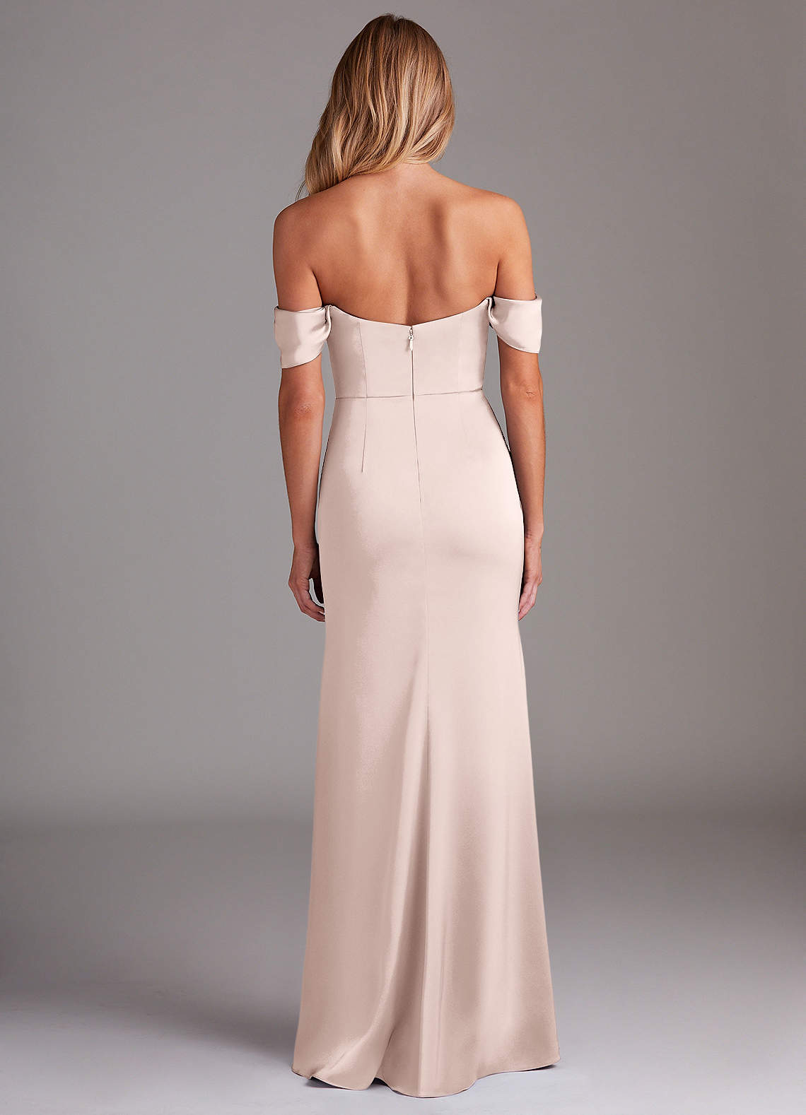 Azazie Saige Bridesmaid Dresses Blushing Pink Sheath Off the Shoulder Stretch Satin Dress image9