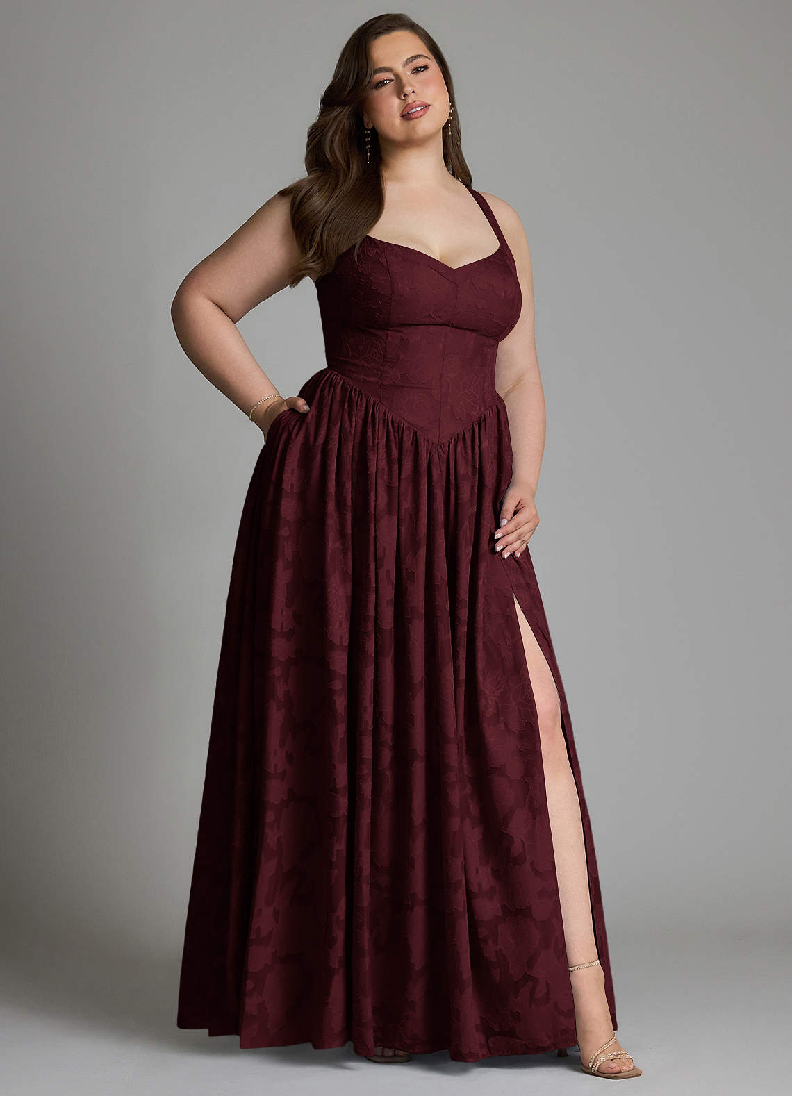Azazie Francis Bridesmaid Dresses Cabernet A-Line Corset Floral Burnout Dress image13