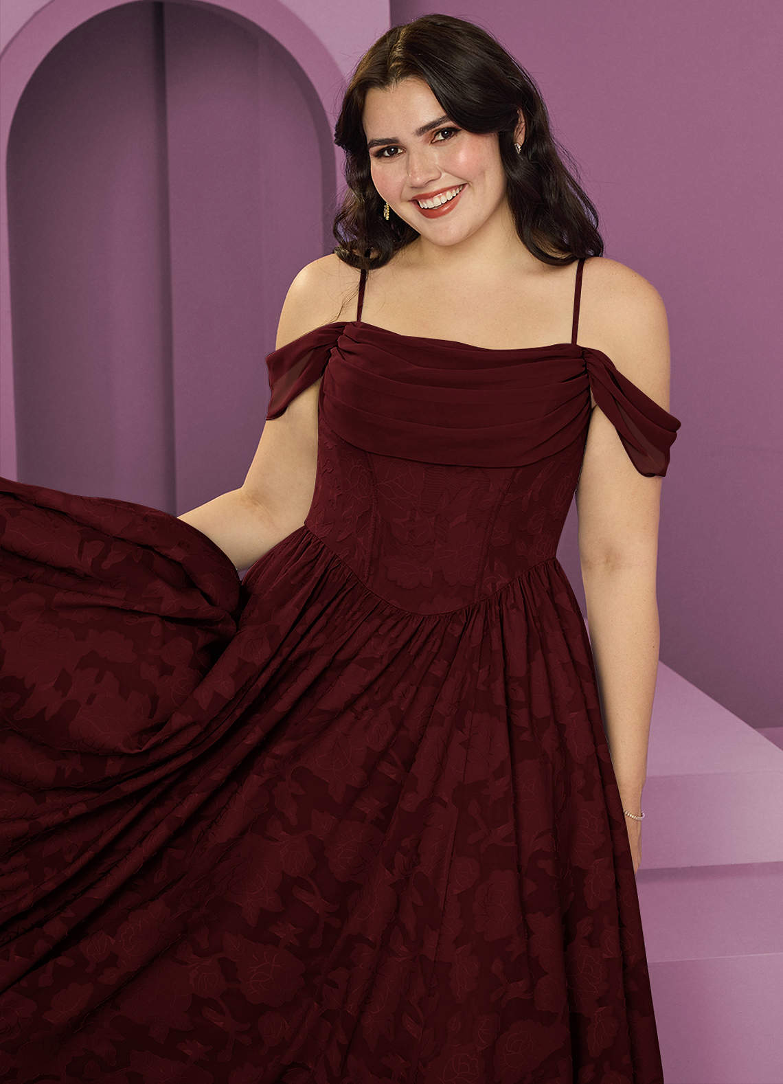 Barbie ♥ Azazie Bridesmaid Dresses Cabernet A-Line Off the Shoulder Floral Burnout Convertible Dress image8