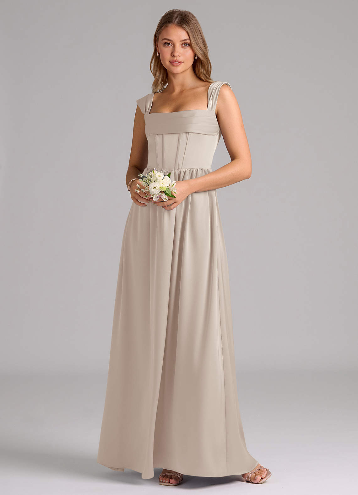 Azazie Hattie Robes de demoiselle d'honneur Robe Trapèze en Satin extensible Corset Givre image1