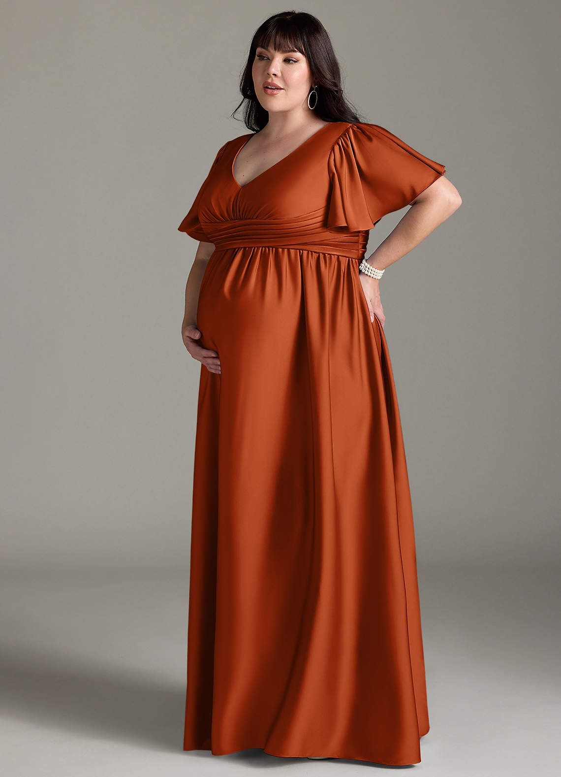 Azazie Verna At-home Try On Dresses A-Line Ruched Stretch Satin Floor-Length Dress image13