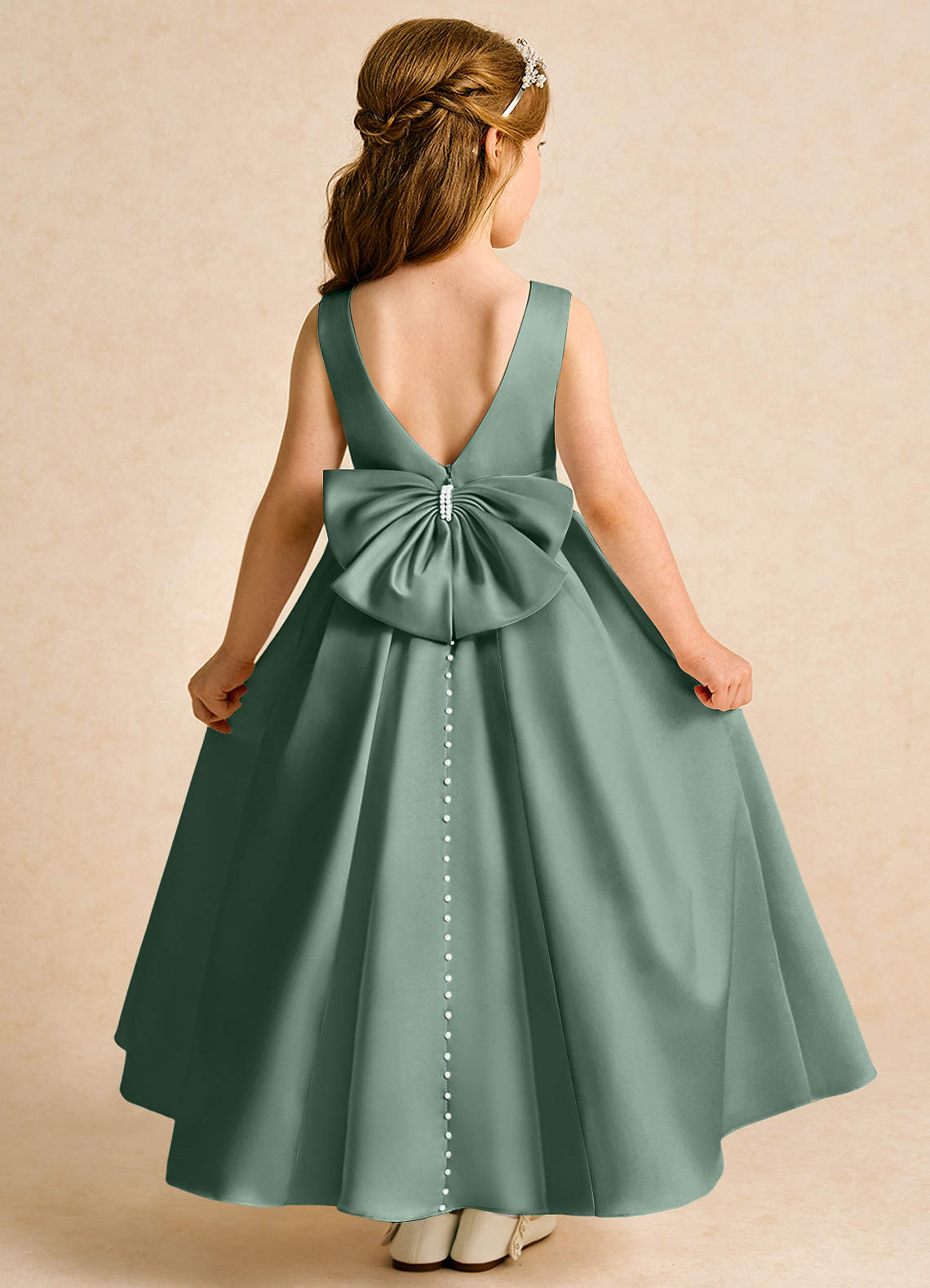 Azazie Cherry Flower Girl Dresses Eucalyptus Eucalyptus Ball-Gown Pleated Matte Satin Dress image1