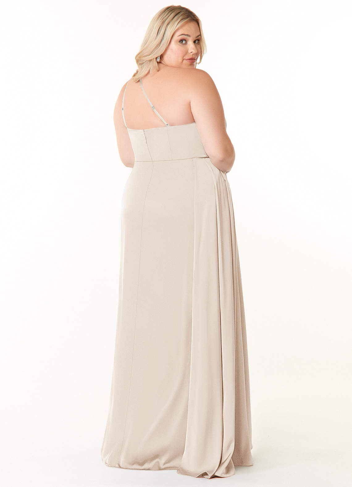 Azazie Plus Size A-Line One-Shoulder Floor-Length Stretch Satin Bridesmaid Dresses - White Alabaster