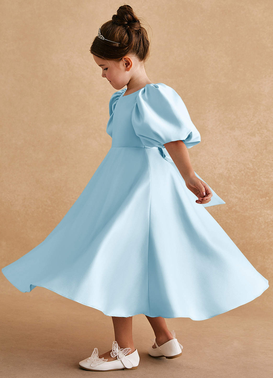 Azazie Sugarplum Blumenmädchenkleider A-Linie mit ärmel Matte Satin Kleid Himmelblau image1