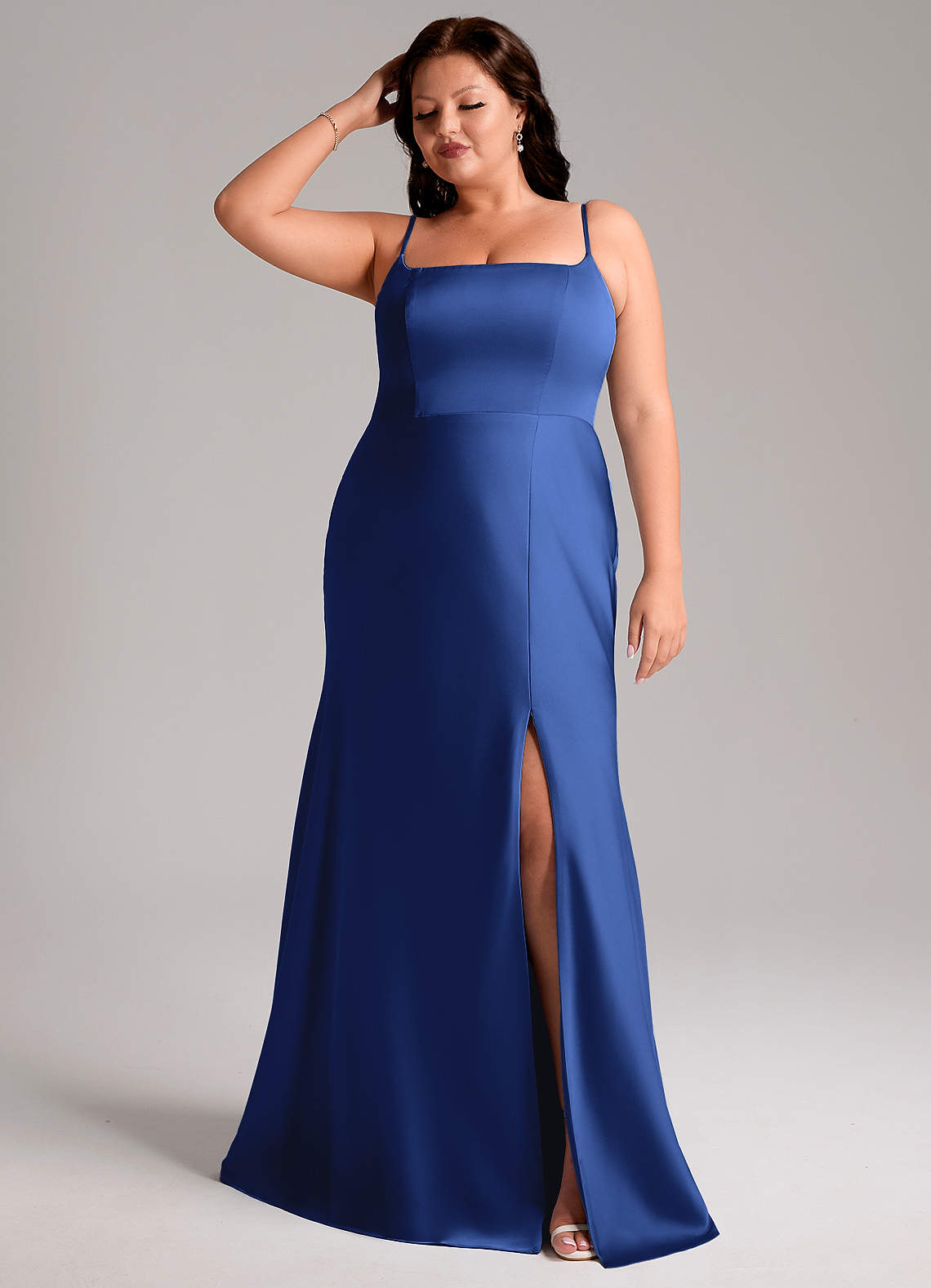 Azazie Lidia Abiti da Damigella Abito Sirena in Raso Elasticizzato Spacco Laterale Blu Reale image1