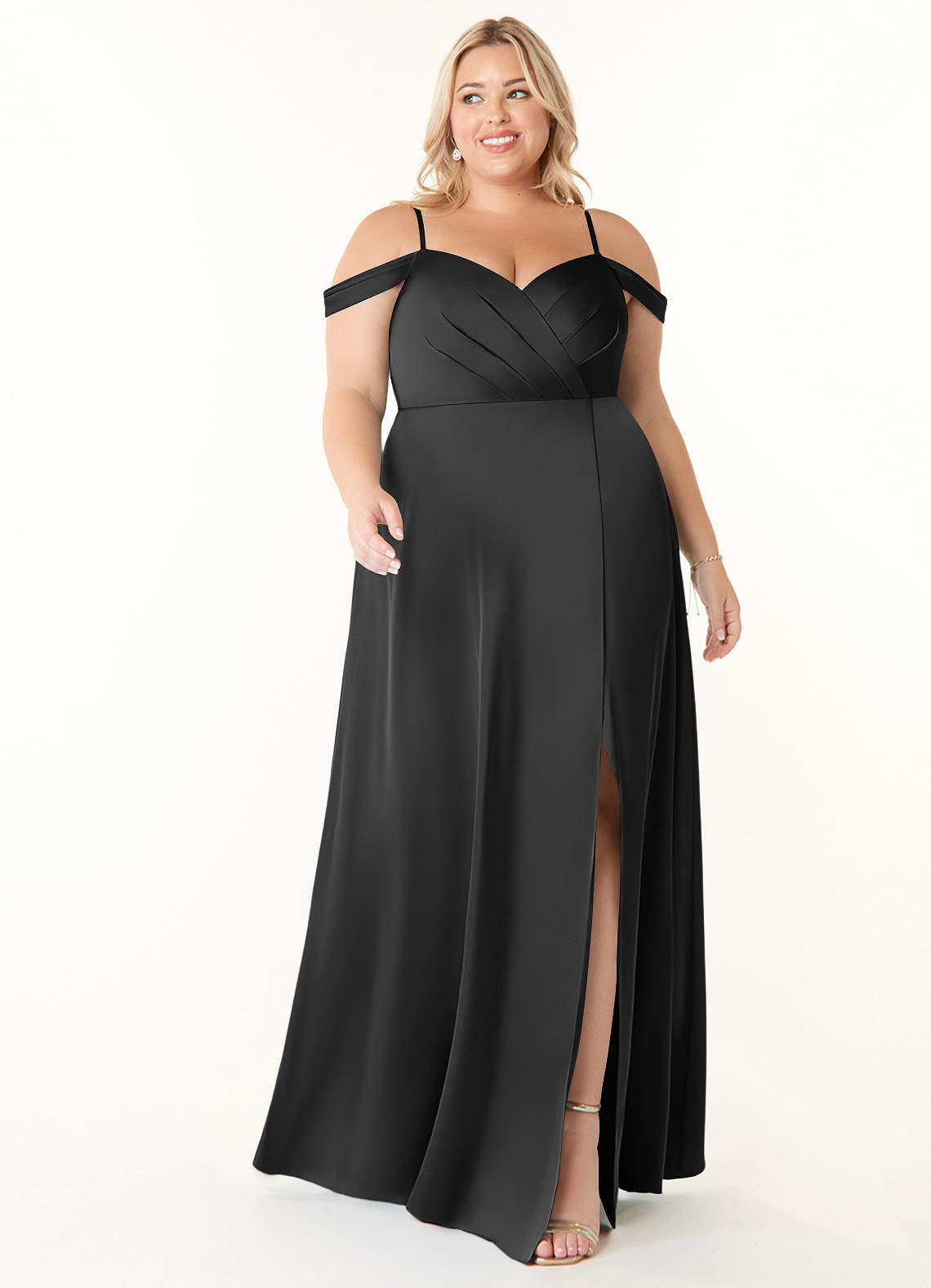 Azazie Ocean Brautjungfernkleider A-Linie V-Hals Gefaltet Stretch-Satin Kleid Schwarz image1