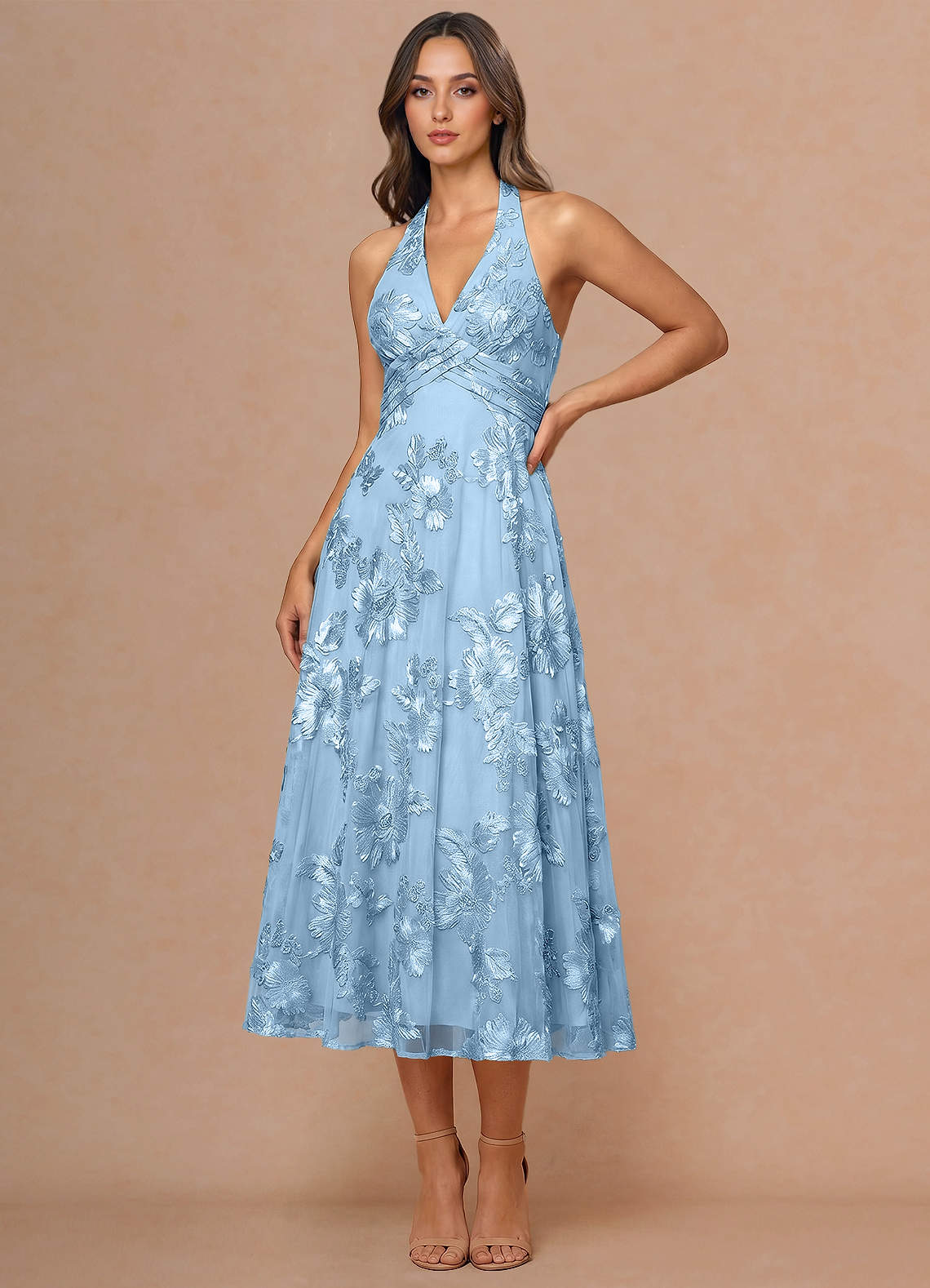 バラディサイーディドレス脇メッシュライトブルー Josee Sky Blue Midi Dress | Azazie