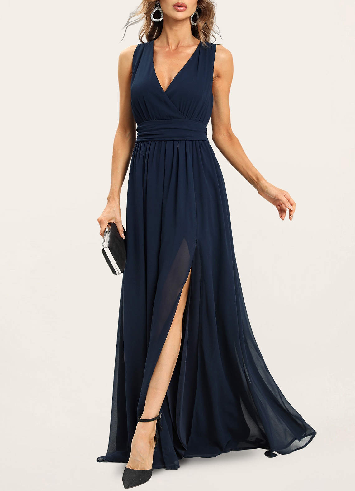 Azul Marino Vestido largo de satén sin mangas Vestidos | Azazie