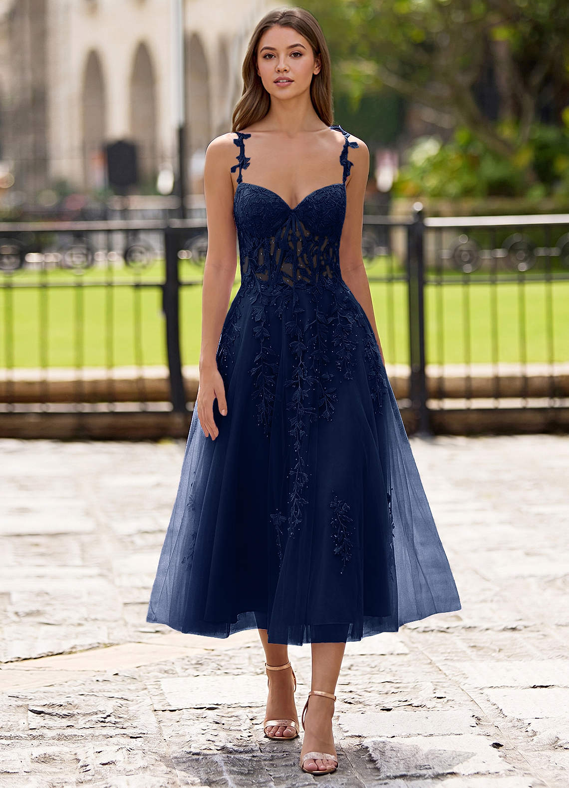 navy blue lace a line dress Zosia A-line Lace Up Back Midi Silk Satin length A Color:Bone Brown Lady Black Tie -