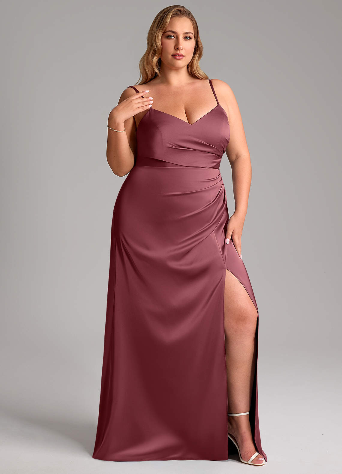 Azazie Azuree Bridesmaid Dresses Desert Rose A-Line Pleated Stretch Satin Dress image4