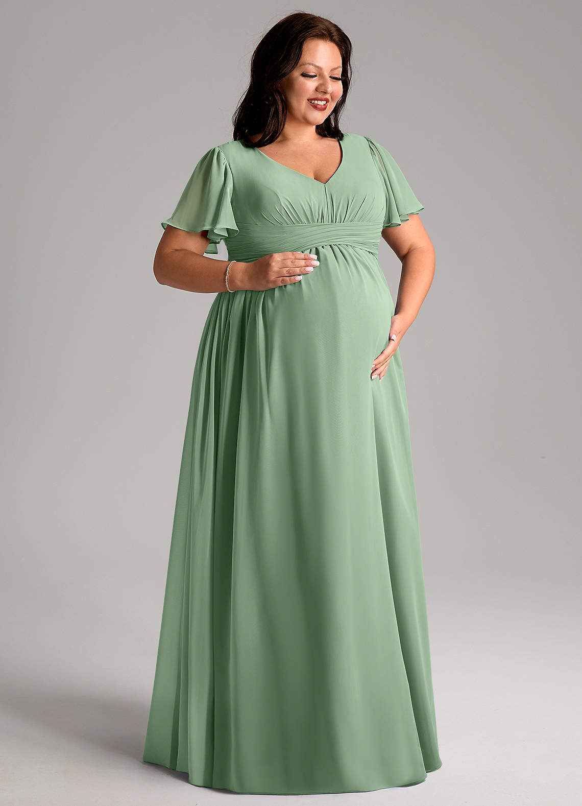 Azazie Verna Maternity Bridesmaid Dresses A-Line V-Neck Ruched Chiffon Floor-Length Dress image9