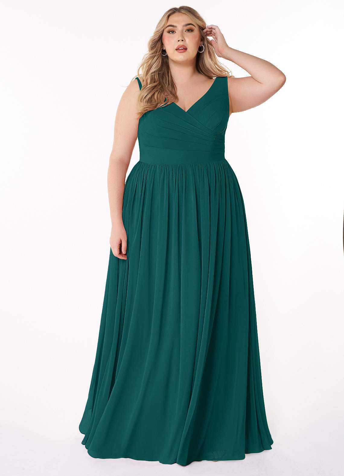 Azazie Keyla Bridesmaid Dresses Peacock A-Line V-Neck Pleated Chiffon Dress image1