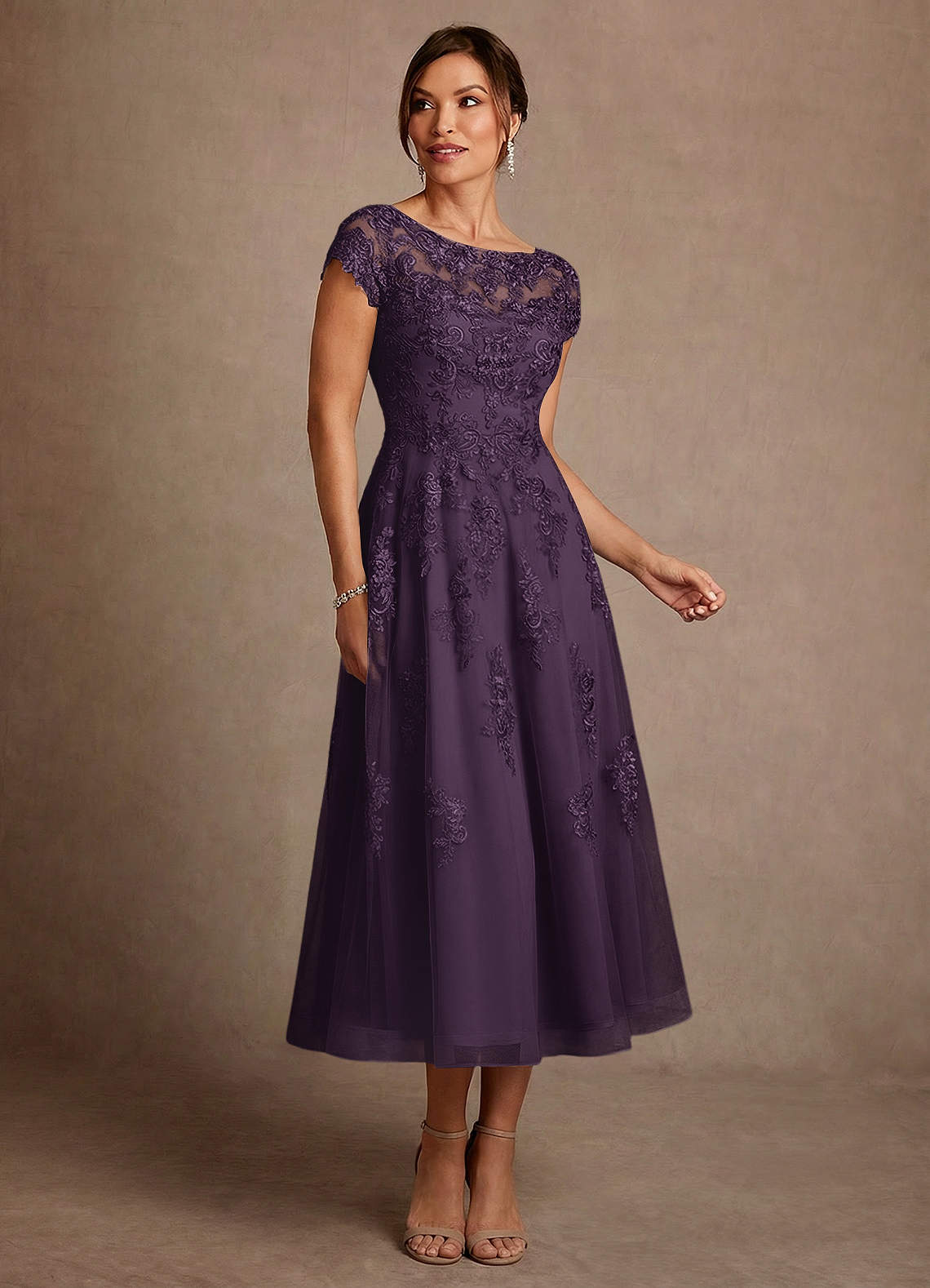 purple lace tea length dress Pax Exquisite A-Line Illusion Lace Tea Length Mother of The Bride Dresses, Coral