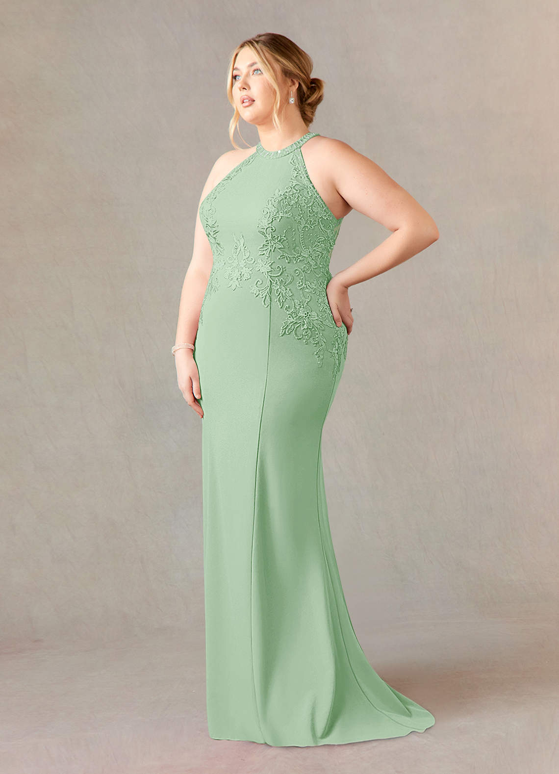 Azazie Tyra Mother of the Bride Dresses Dusty Sage Mermaid Halter Lace Stretch Crepe Dress image7