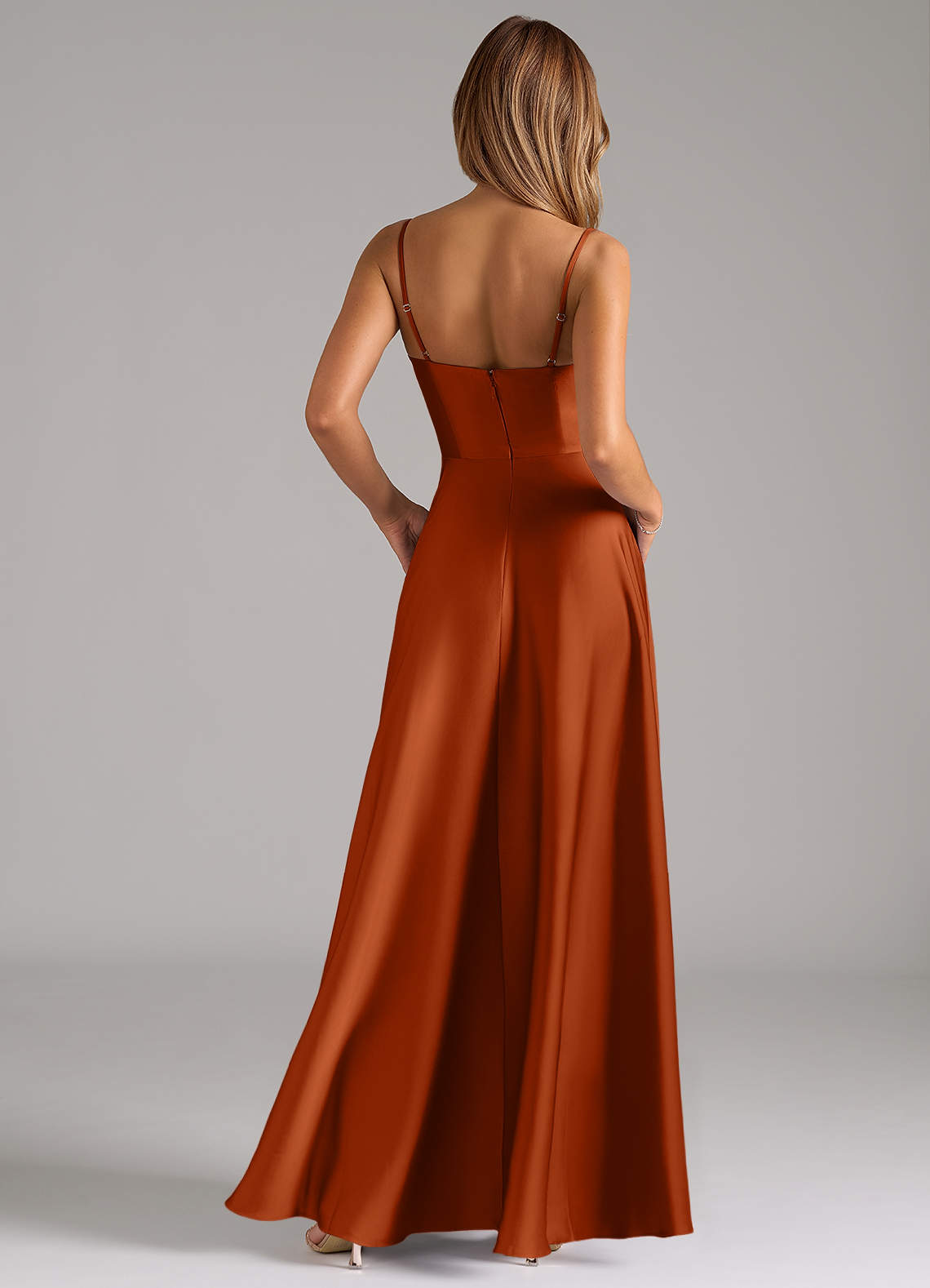 Azazie Elle Bridesmaid Dresses Burnt Orange A-Line Pleated Stretch Satin Dress image6