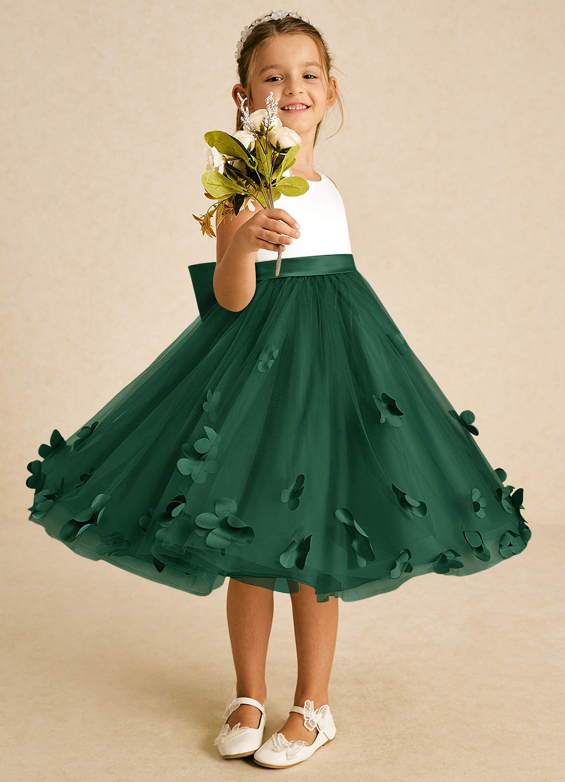 Azazie Sprout Flower Girl Dresses Dark Green A-Line Bow Tulle Dress image1