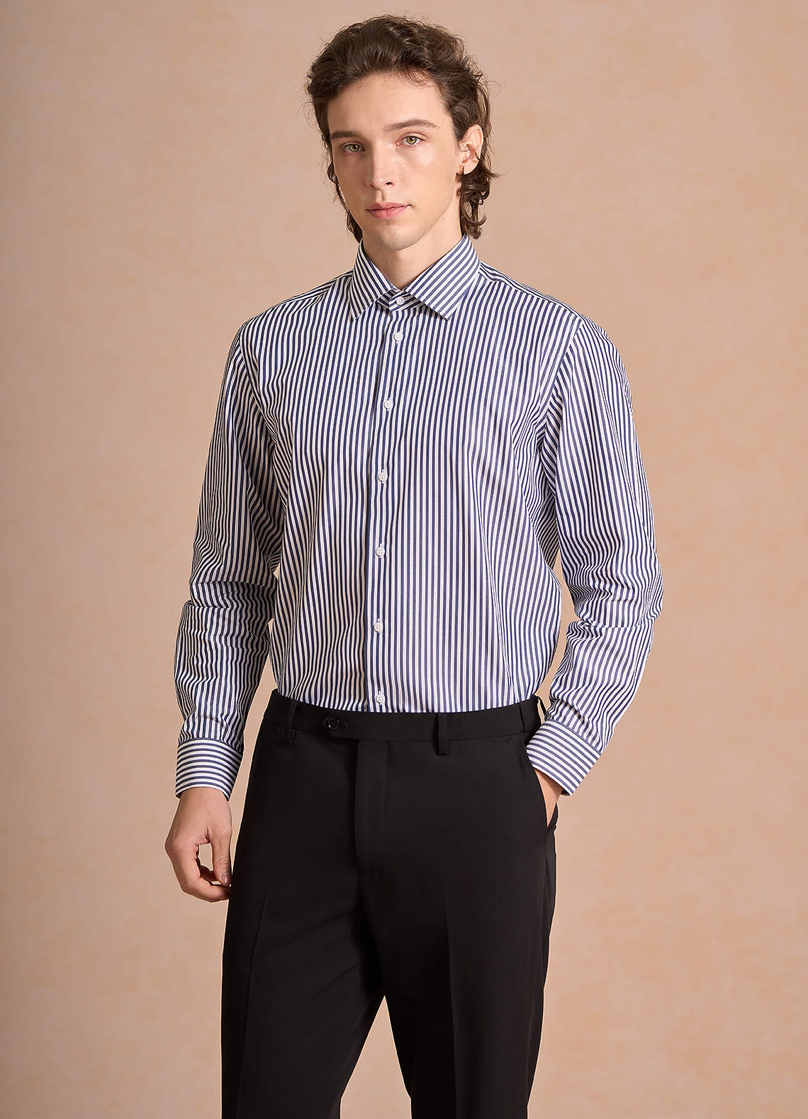 front Aiden White Navy Blue 100% Cotton Non-Iron Striped Dress Shirt