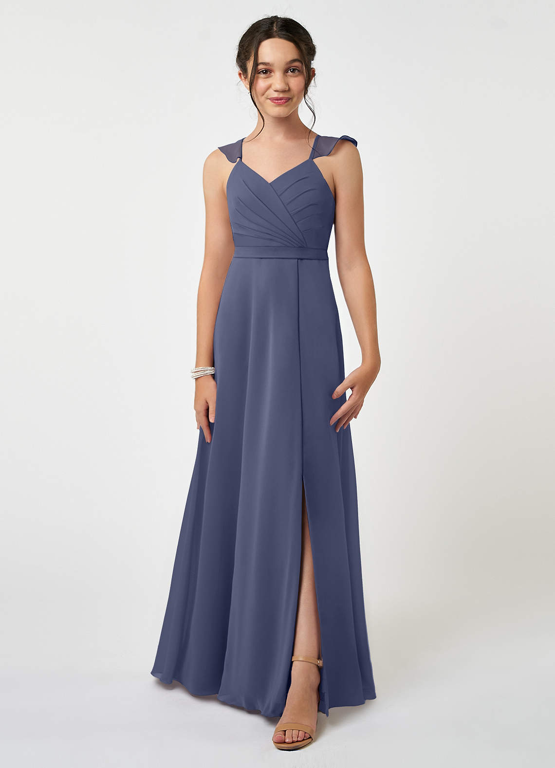 Azazie Emily Junior Robe Trapèze en Mousseline de soie Rayé Bleu Orageux image1