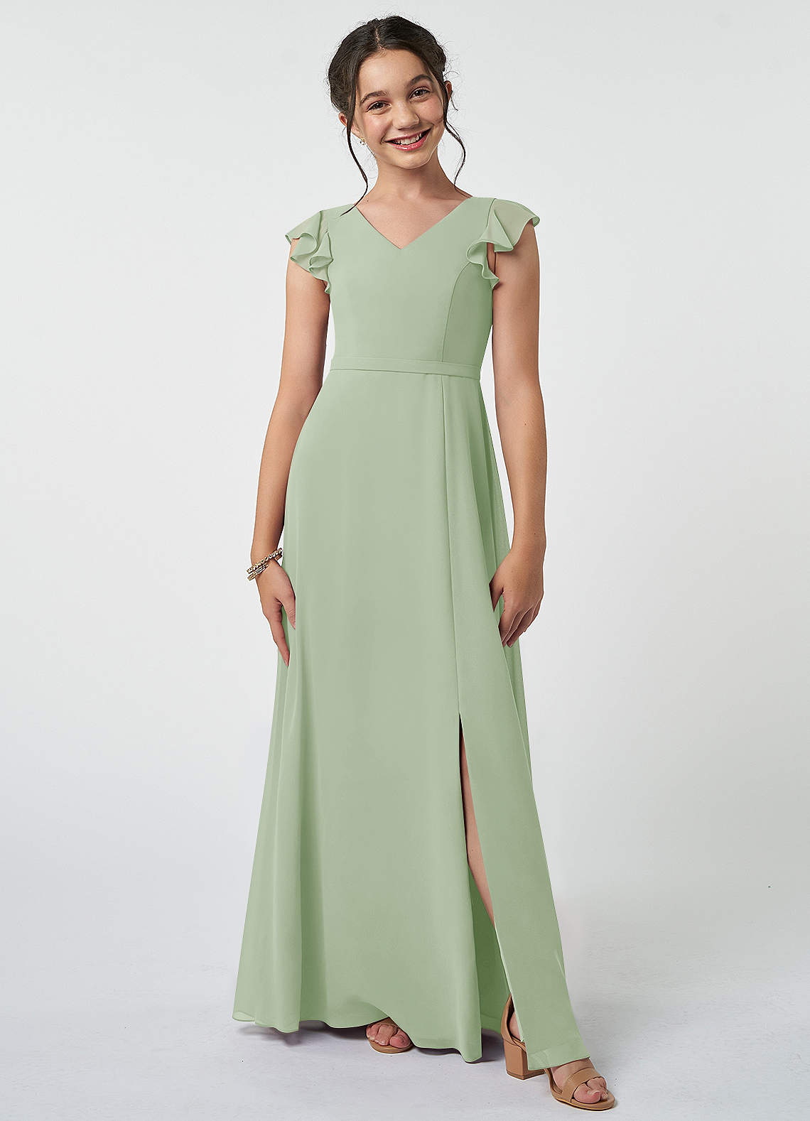 Azazie Claudine Junior Dusty Sage A-Line Pleated Chiffon Dress image1