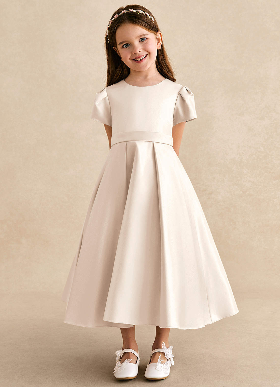 Azazie Princess Vestidos de florista Vestido Alabastro Branco de Cetim fosco de Linha A com Plissado image5