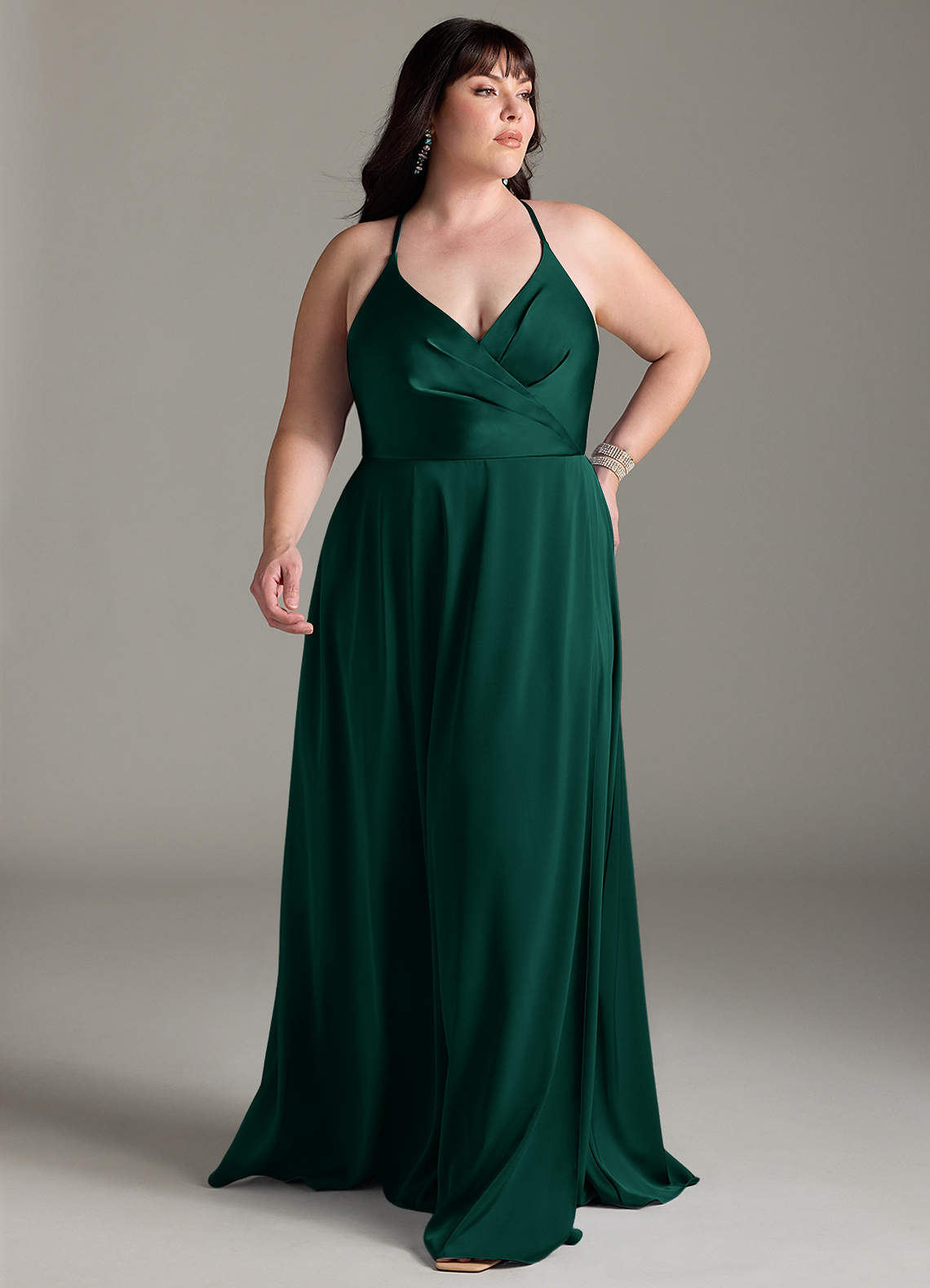 Azazie Davis Bridesmaid Dresses Emerald A-Line Pleated Stretch Satin Dress image1