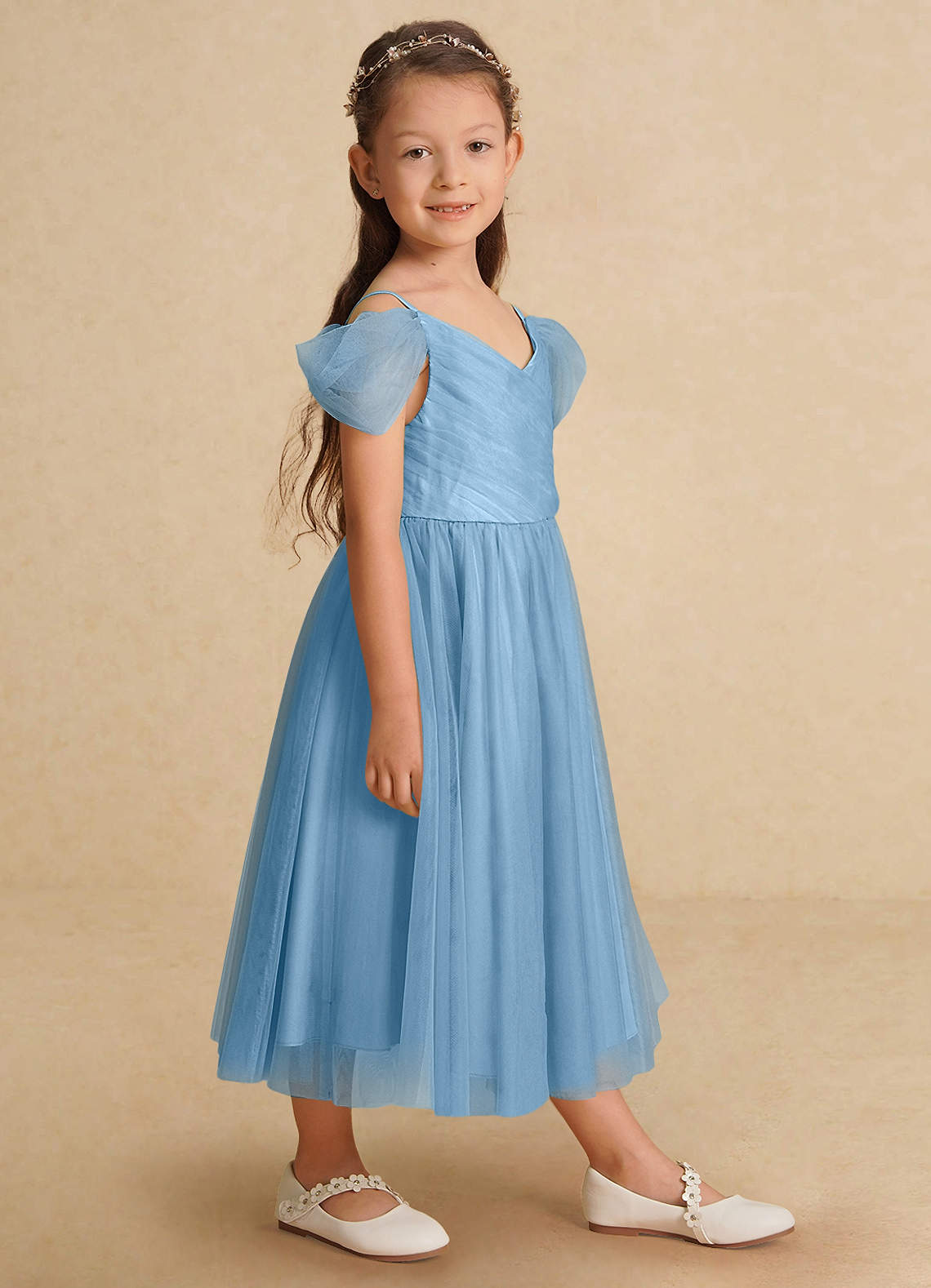 Azazie Lizzette Flower Girl Dresses Steel Blue A-Line Ruched Tulle Dress image1