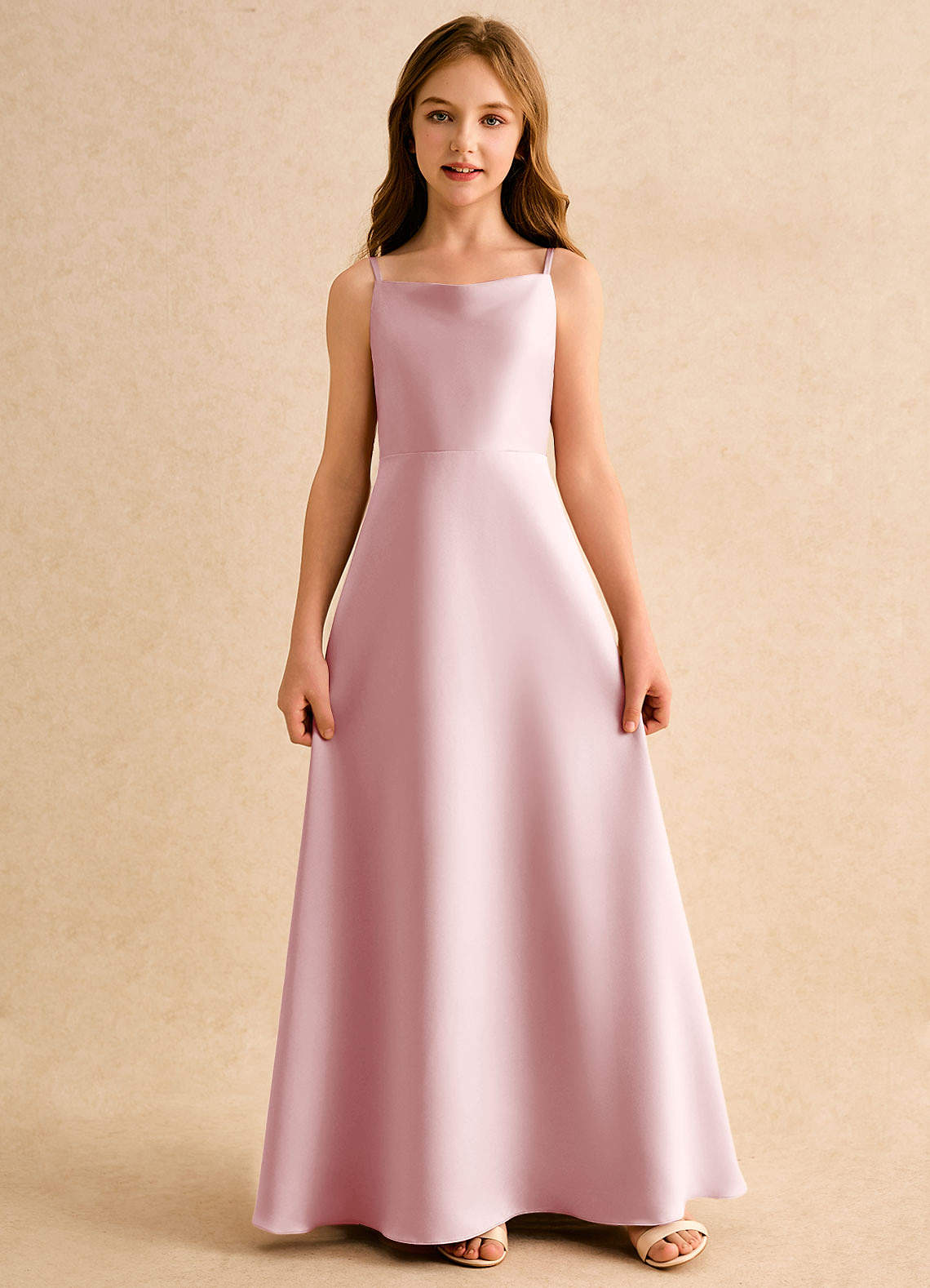 Azazie Joella Girls Formal Flower Girl Dresses Powder Pink A-Line Pleated Matte Satin Dress image4