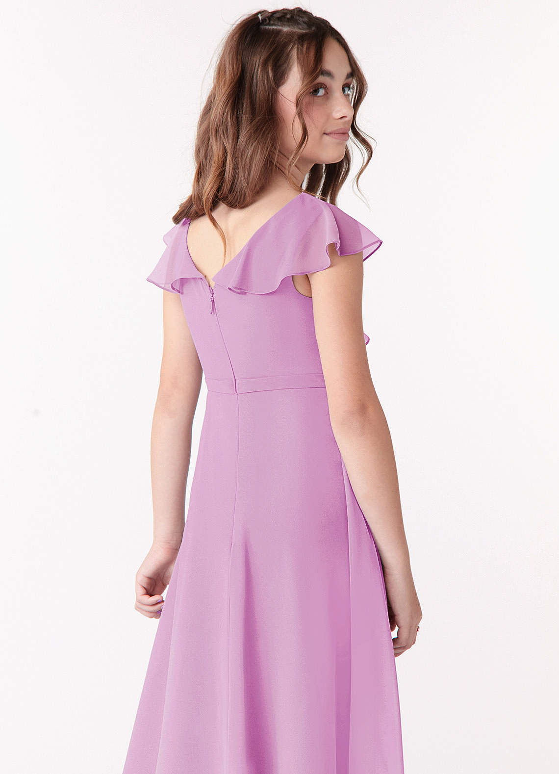Azazie Posie Junior Candy Pink A-Line Ruched Chiffon Dress image4