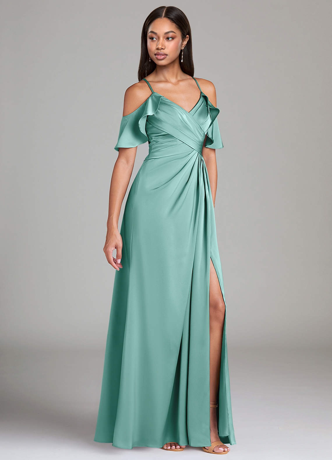 Azazie Dakota Jurken voor bruidsmeisjes Jurk van Stretch Satijn met A-Lijn Off the Shoulder Aqua image1